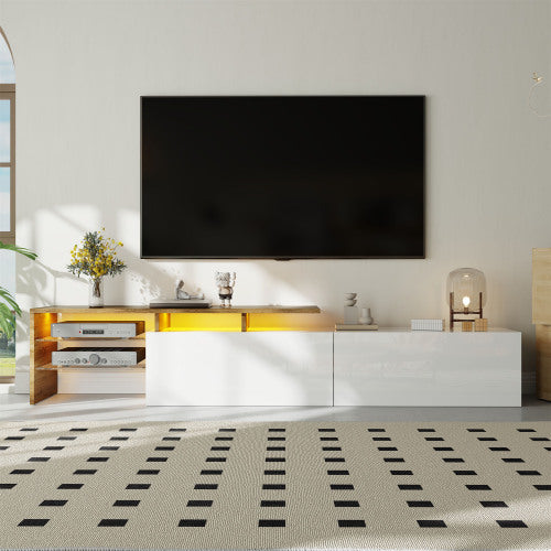 UK Local Modern TV Cabinet Design Stylish And Elegant, Practical Storage Space, Black And Wood Look, Glass Shelves, LED Lighting