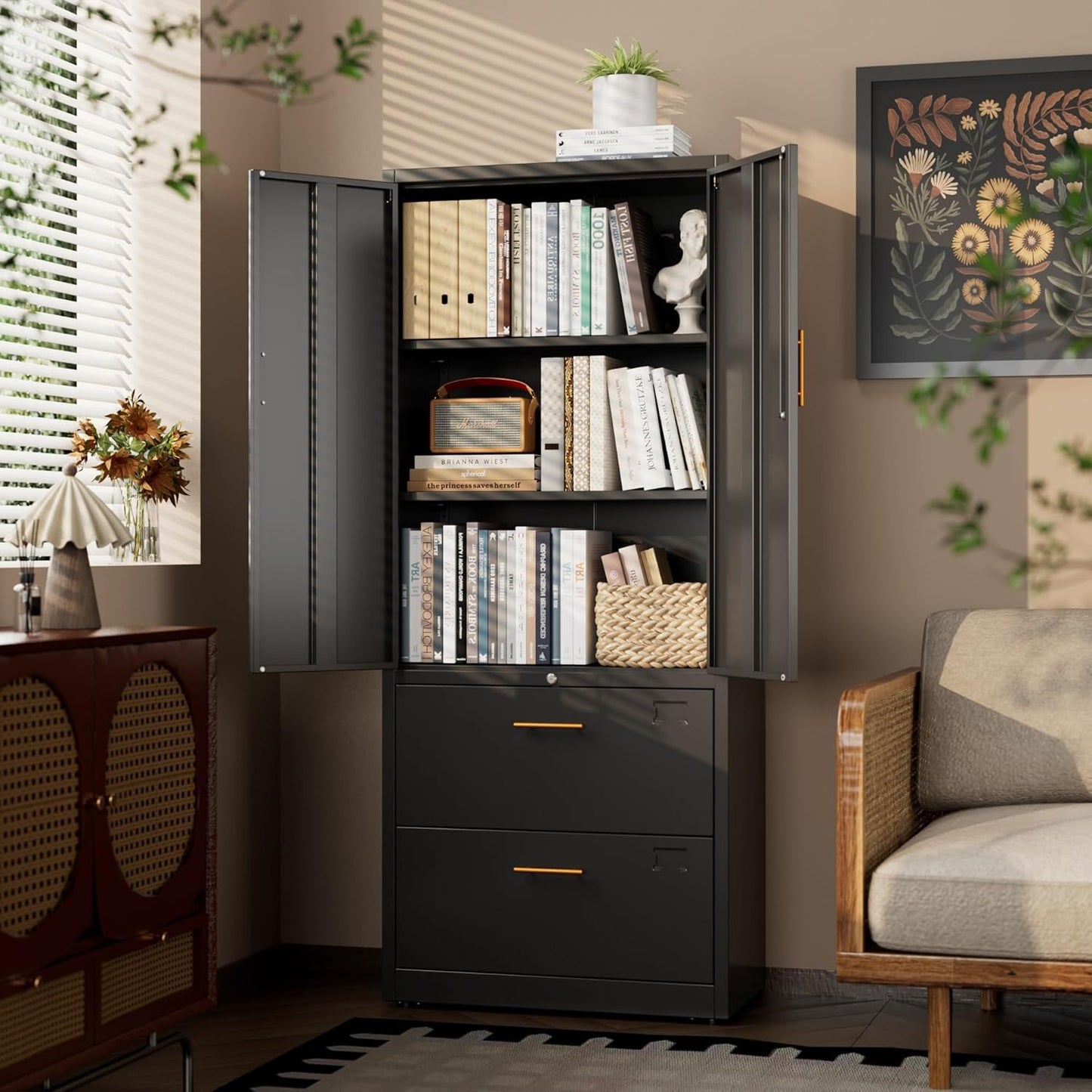 US Local 2 Drawer Lateral File Cabinet With Lock, Metal Filing Storage Cabinet With Locking Doors And 2 Adjustable Shelves For Home, Office, School, Fits A4 Letter Legal Size Folders, Assembly Required