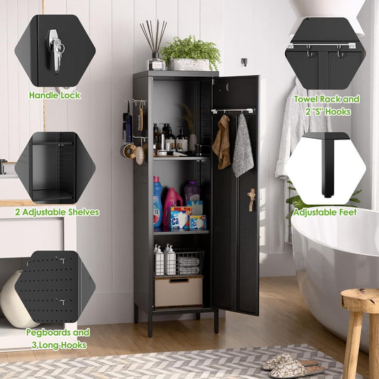 US Local Metal Lockers For Employees With Handle,Metal Storage Locker With 2 Pegboard & 5 Hooks For Gym, School, Office,Home,Garage,Black