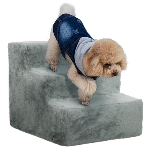 UK Local PawHut Three-Step Dog Stairs, With Washable Plush Cover, For High Bed Sofa, Dog Stairs For Small Dog And Cat - Light Grey