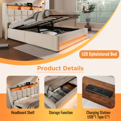UK Local Upholstered Double Bed 135 X 190 Cm With LED Lighting, USB Type-C Charging Function, Storage Headboard, 4FT6 Double Bed Storage Bed Frame With Metal Slatted Frame, Linen, Beige No Mattress