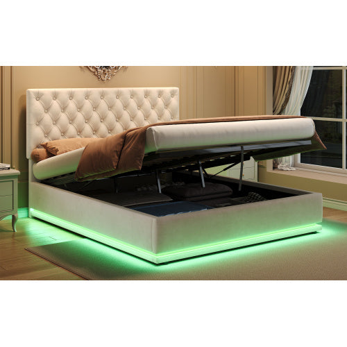 UK Local Double Ottoman Bed With LED Lighting, Velvet Upholstered Bed With Hydraulic Storage, 4ft6 Double Bed Frame With Handmade Button Tufted Adjustable Headboard, No Box Spring Needed, Beige No Mattress