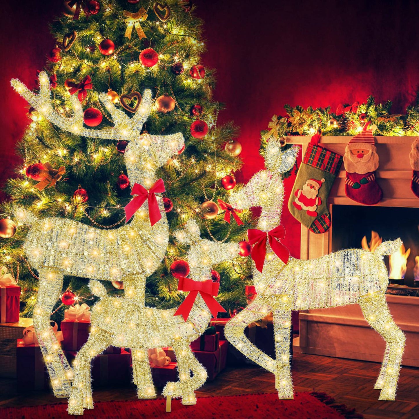 US Local 3 Pcs In 1 Set 2D Lighted Christmas Deer Family Set Indoor Outdoor Light Up Reindeer Decorations Lighted Buck Doe Fawn Display With 8 Lighting Modes