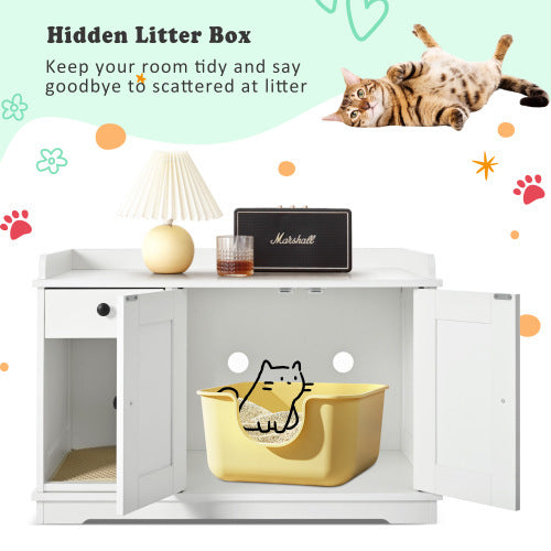 US Local GO Cat Litter Box Enclosure, Litter Box Furniture Hidden With Cat Litter Mat, Indoor Cat House With Storage Drawer Side Table, Farmhouse Style Cat Box Cabinet For Living Room, White