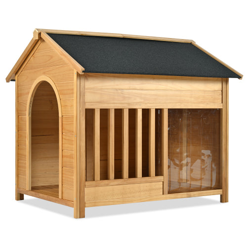 US Local 60.2 Large Wooden Dog House With Porch, Cabin Style Dog Crate With Asphalt Roof And Elevated Floor, Dog Kennel With Side Window And Doors, Perfect For Medium & Large Dogs, Nature