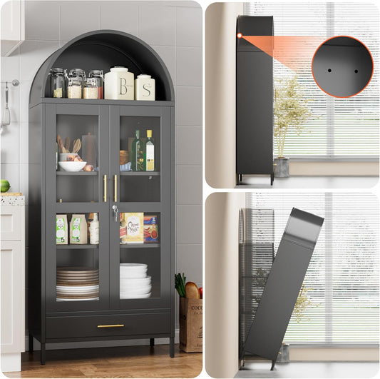 US Local Metal Arched Display Cabinet With Lock, Modern Arch Kitchen Pantry Storage Cabinet With Glass Doors 1 Drawer For Living Room, Bookshelf, Assembly Required Black