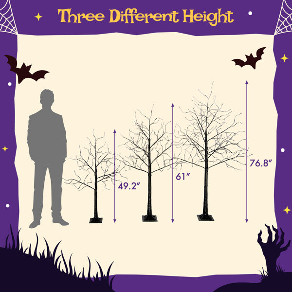 Set Of 3 Halloween Ghost Trees With Purple Lights, 4 Feet, 5 Feet, And 6 Feet, Black Glowing Trees For Halloween Decoration