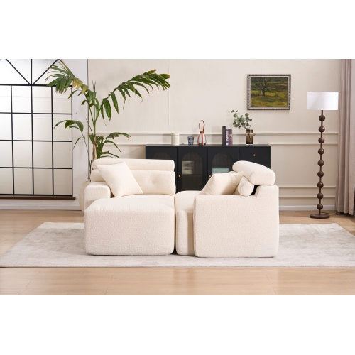 US Local LY-029B WHITE COMPRESSION SOFA Combining Chaise Longue With 3-seater Wood Grain Chenille Fabric, Full Sponge Compression Sofa,combined Sofa With 2 Pillows For Living Home Furniture