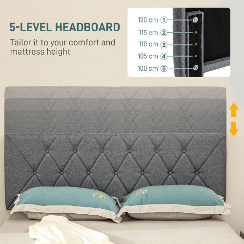 UK Local HOMCOM Double Bed Frame With 5-Level Adjustable Linen Upholstered Headboard, Wooden Slats Mattress Foundation, No Box Spring Needed, Grey