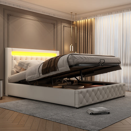 UK Local Upholstered Bed 150 X 200 Cm Functional Bed With Slatted Frame And Storage Space, LED Lighting In Different Colors, White, PU