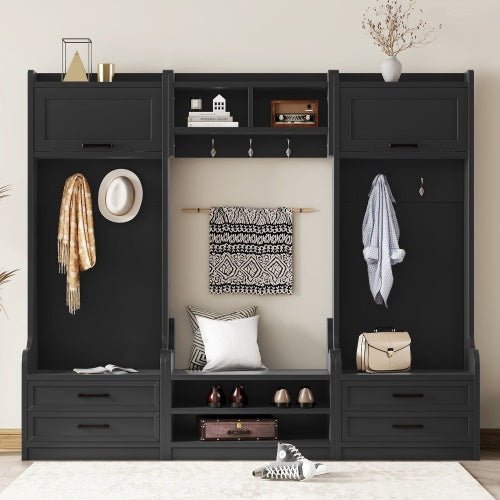 US Local 4-in-1 Detachable Hall Tree With Storage And 7 Hooks, Multiple Functions Hallway Coat Rack With Storage Drawers And Cabinet, Black Shoe Bench For Entryway Hallway