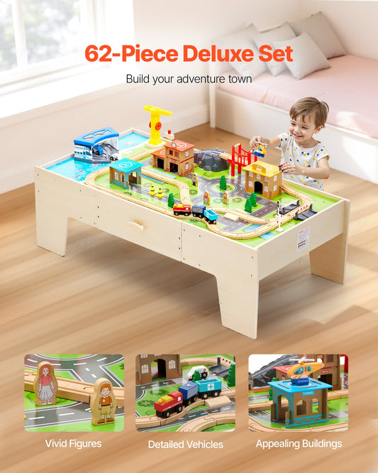 US Local Train Table 62 Pieces Wooden Kids Activity Table With Large Storage Drawer