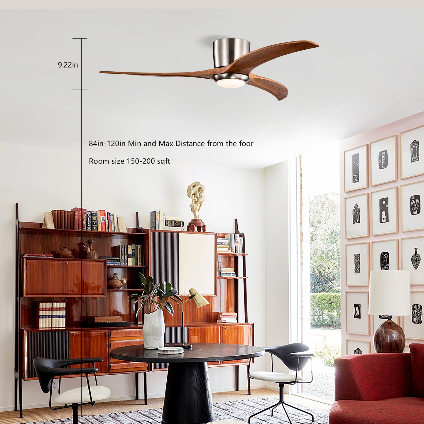 US Local 52 Inches Recessed Ceiling Fan Solid Wood Blade Ceiling Fan With Light Strip Remote Control, Noiseless Reversible Motor, 6 Speed, Suitable For Patio Living Room, Bedroom, Indoor, Nickel Color
