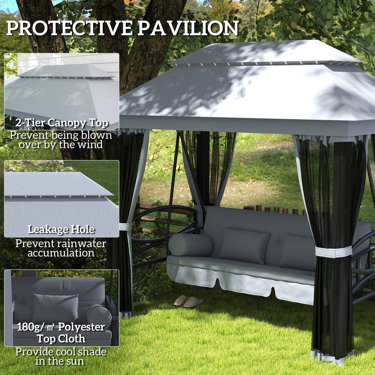 US Local 3-Seat Patio Swing Chair, Outdoor Gazebo Swing With Double Tier Canopy, Mesh Sidewalls, Cushioned Seat And Pillows, Gray