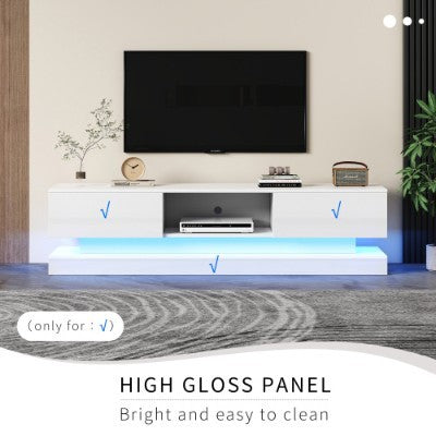 UK Local 160 Cm TV Stand With16 Colour RGB LED Lights, High Gloss Front TV Cabinet With 2 Drawers And 1 Open Storage Space, TV Unit For 70-79 Inch TV For Living Room, White