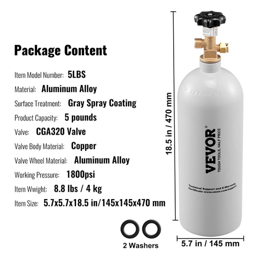 US Local VEVOR 5 Lbs CO2 Tank Aluminum Gas Cylinder, Brand New CO2 Cylinder With Gray Spray Coating, CO2 Tank With CGA320 Valve, For Draft Soda Beer