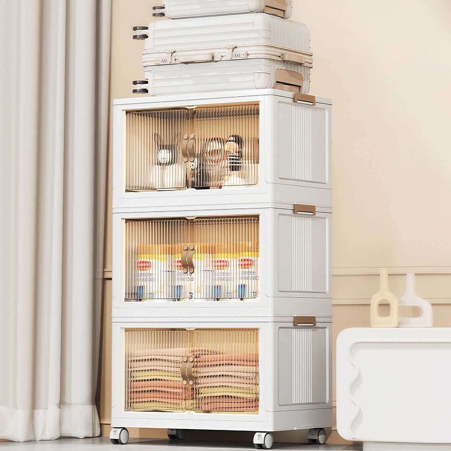 US Local 3 Pcs Foldable Storage Bins With Lid Wheels Front Magnetic Door Fedex Shipping