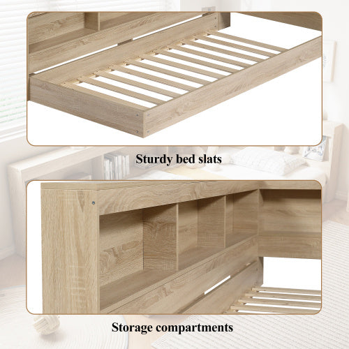 UK Local Storage Bed, 3FT Single Bed 90x190cm, Plenty Of Storage Space, Durable And Sturdy, For Adults Teenagers, Single Bed, MDF Plywood, Multifunctional Bed, White Oak Color