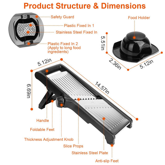 US Local 1 Pc Mandoline Food Slicer Stainless Steel Food Cutter Vegetable Fruit Chopper Grater Peeler Kitchen Julienne Slicer With 5 Adjustable Blades Food Holder