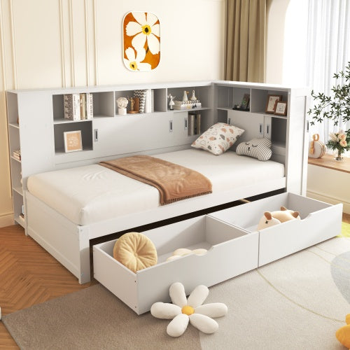 UK Local Platform Bed With Trundle Bookcase USB,Single Bed-3ft 90x190cm,Household Bed, Multifunctional Bed,with 2 Storage Drawers, Dust-proof Cabinet And Shelves, Large Storage Space,white