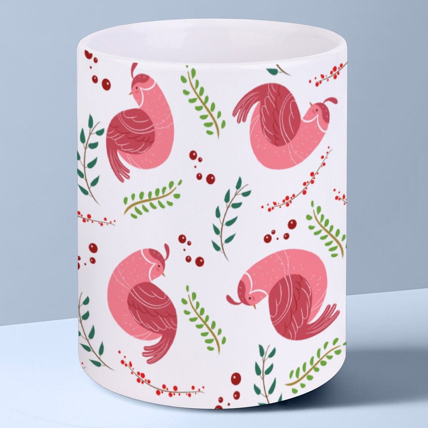 POD US Local White mug with full print, Christmas Bird Branches Pink 0068
