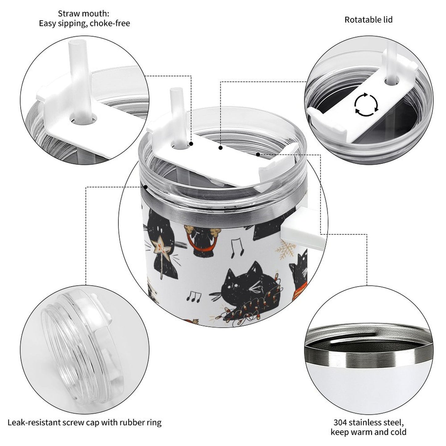 PHDT00085 POD US Local Tumbler 40 oz Large Capacity Car Cup Christmas, Black Cat