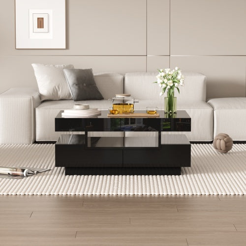 UK Local Coffee Table, High-Gloss Surface, With LED Light Strip, Four Drawers Front And Back, Large Storage Space