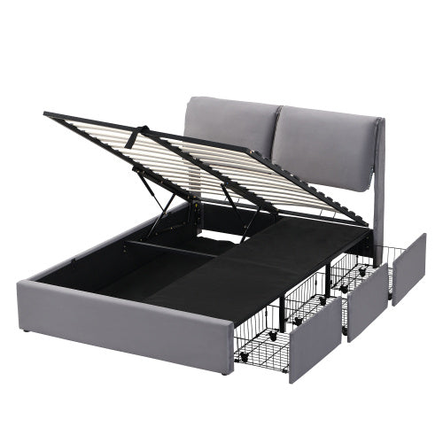 UK Local Upholstered Bed,Double Bed-4ft6 135x190cm Hydraulic Bed, Three Drawers, Bed Box For Storage, Slatted Frame With Headboard, Without Mattress, Velvet, Grey