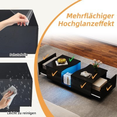 UK Local Led Coffee Table With 2 Drawer Storage, High Gloss Coffee Table For Living Room Unique Shape Centre Table With 16-Color Led Lights,End Table For Home Office Furniture, Black
