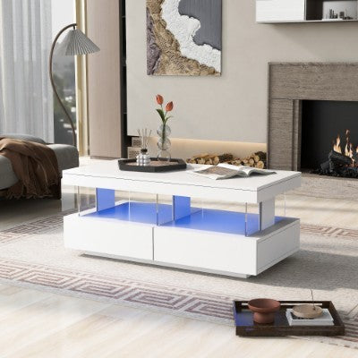 UK Local Coffee Table For Living Room, High Gloss Tea Table With 16-Color LED Lights, Coffee Table With 2 Drawers And Open Storage Space, End Table For Home Office Furniture, White