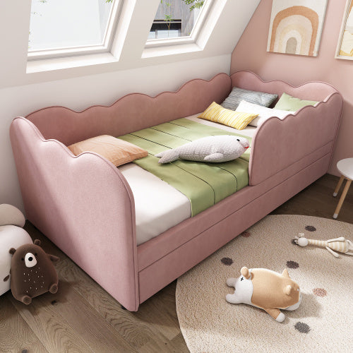 UK Local Upholstered Bed Daybed 90 X 190 Cm, 3FT Single Bed With Pull Out Trundle, Sofa Bed For Adults And Children, Single Daybed With Slatted Frame, Velvet, Pink No Mattress