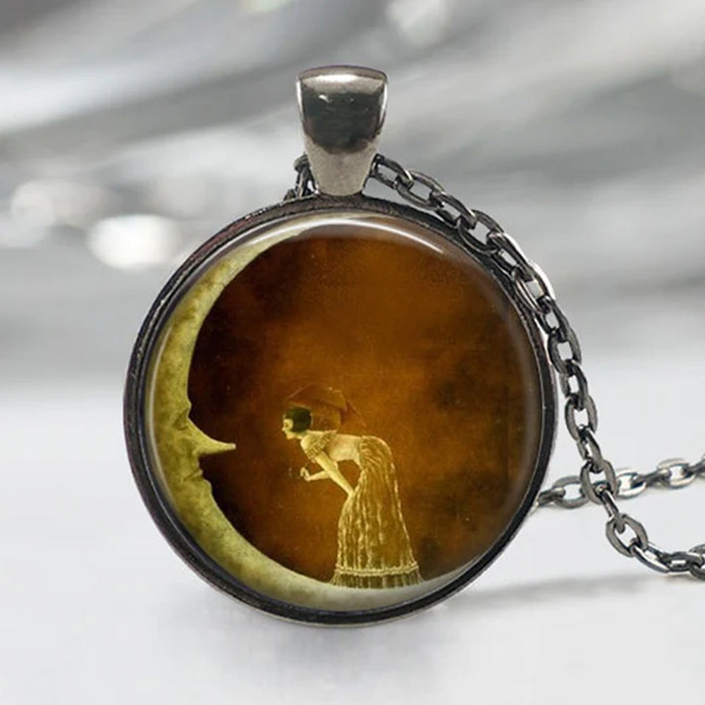 Retro Mysterious Moon Girl Glass Pendant Time Gem Cabochon Necklace