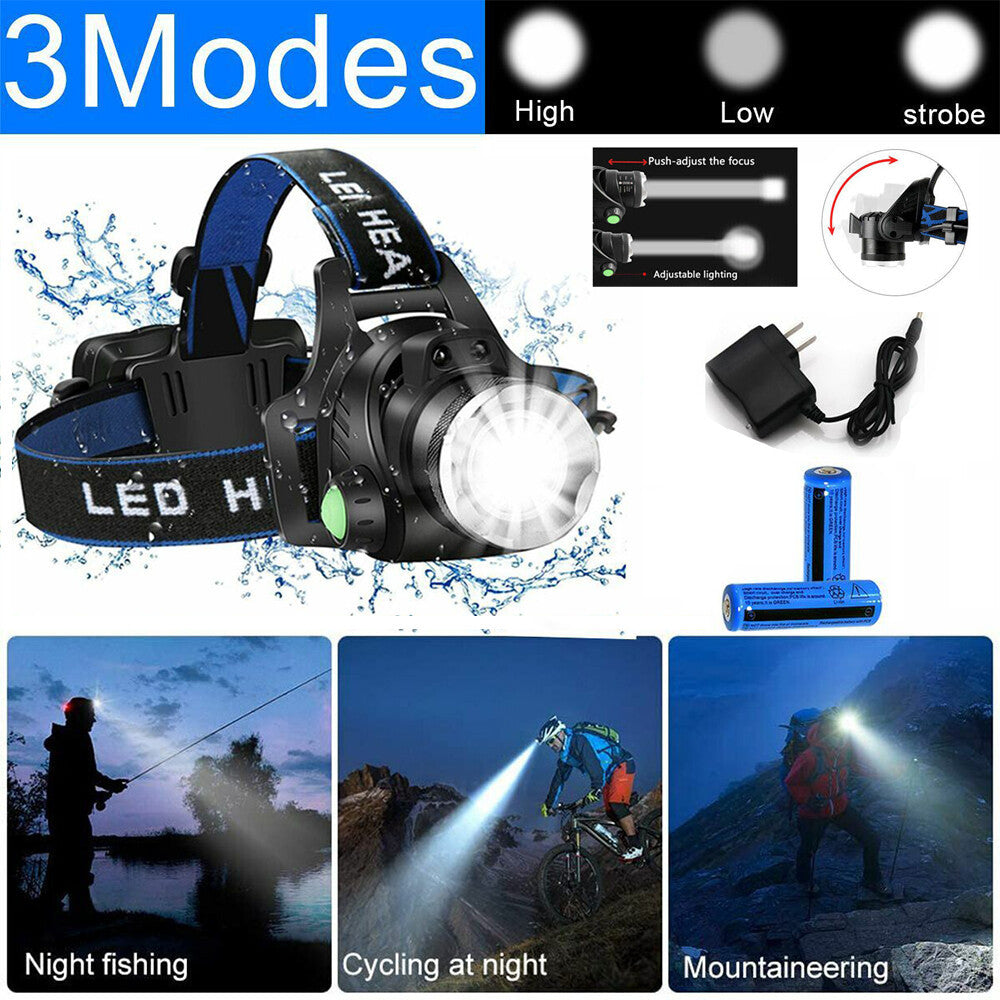 US Local LED Headlamp Rechargeable Head Torch Zoom Headlight Super Bright Flashlight 3 Modes Work Light With 2 Li-ion Batteries Charger