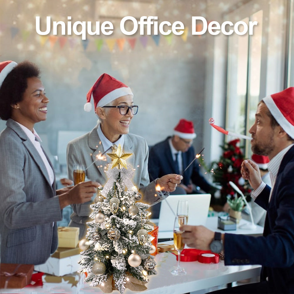 US Local 2ft Mini Christmas Tree With Light Artificial Small Tabletop Christmas Decoration With Flocked Snow, Exquisite Decor & Xmas Ornaments For Table Top For Home & Office, Rose Gold