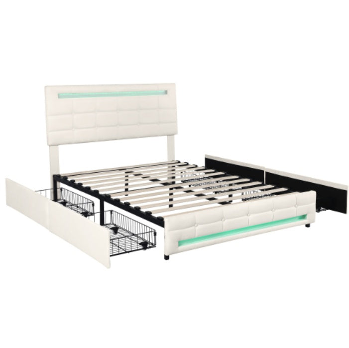 UK Local 4ft6 Double Upholstered Bed With LED Lighting And Storage Drawers, Linen Fabric Storage Bed Frame With Adjustable Button Tufted Headboard, No Box Spring Needed, Easy Assembly, Beige