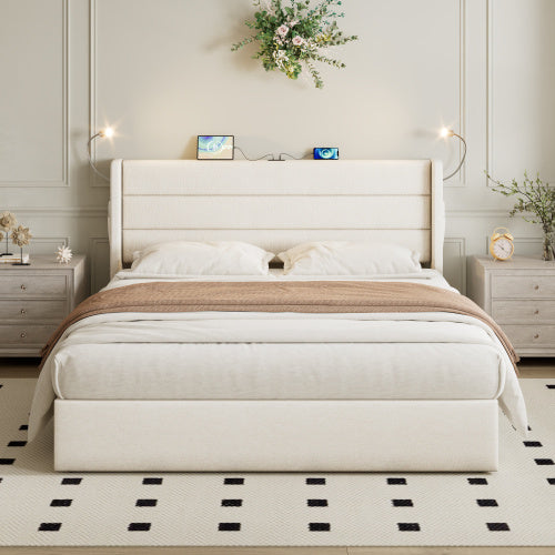 UK Local Double Upholstered Bed With Charging Station, Linen Hydraulic Storage Bed With Adjustable LED Reading Light, 4ft6 Double Bed Frame With USB And Type - C Ports, No Box Spring Needed, Beige