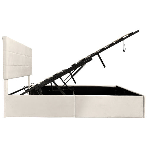 UK Local 4ft6 Double Upholstered Storage Bed Frame, Velvet Ottoman Bed With Hydraulic Storage, Double Bed With Adjustable Button Tufted Headboard, Metal-Wood Support, No Mattress, Beige