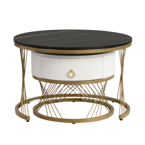 UK Local Elegant Nesting Coffee Table Marble Look Gold Decor,Side Table With Drawers Set Of 2