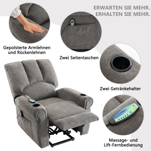 UK Local Electric Lift Grey Senior Chair - Single Motor, Heated Massage, Stand Assist, Storage Pockets, Cup Holders