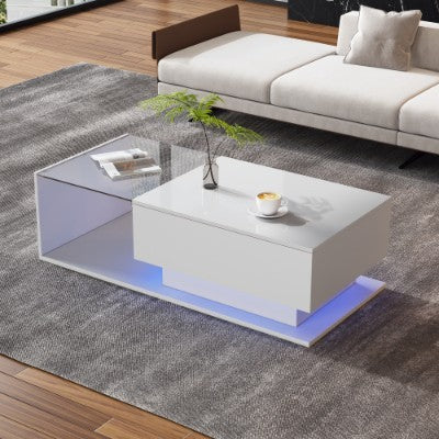 UK Local LED Coffee Table, Modern High Gloss Coffee Table, Center Table With Glass, Modern Coffee Table For Living Room With Drawer White