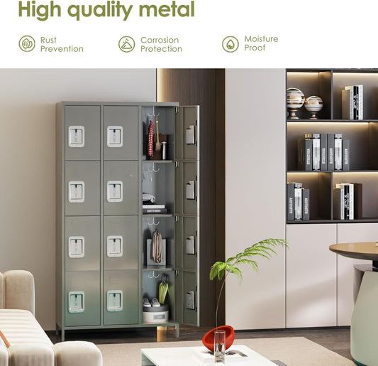 US Local Metal Lockers For Employees With 12 Door & Hooks,Metal Storage Locker With Lock For School Office Gym Bedroom Home,Assembly Required,12 Doors Light Grey