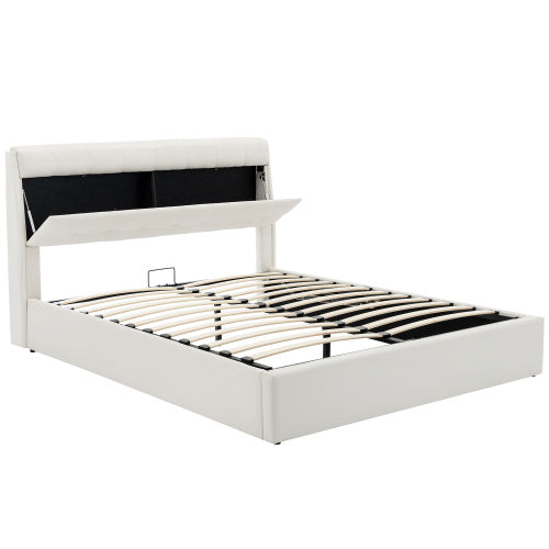 UK Local Fashion Upholstered Bed,150x200 5ft, King Bed,Hydraulic Bed,Concealed Headboard Storage,Bed Box Storage,PU,With Slats And Headboard,Without Mattress,Cream White