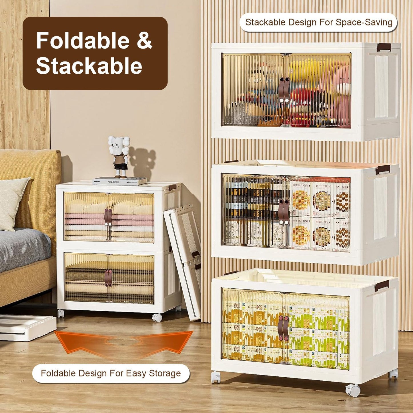 3Pcs Foldable Storage Bins With Lid Wheels Front Magnetic Door Fedex Shipping