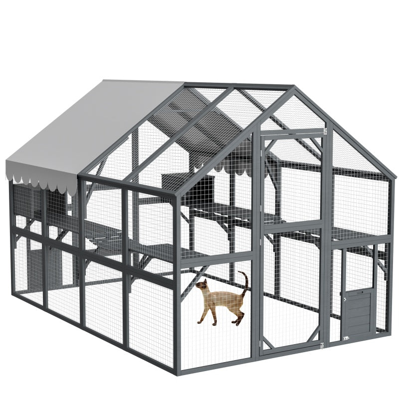 US Local Extra Spacious Catio Outdoor Cat Haven, 110 Inch Luxury Cattery With Weather-Resistant Roof, Cat Climbing Ramp, Space Pod Bed, 2 Lounging Huts