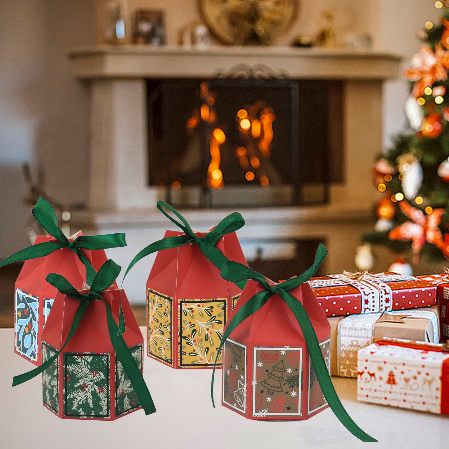 US Local 20PCS Christmas Treat Boxes With Ribbons Paper Christmas Tree Bells Pattern Goodie Box Retro Candy Bakery Box For Christmas Party Favors Wrapping Supplies