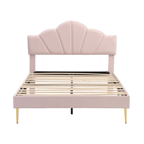 UK Local Velvet Upholstered Bed,King Size Bed-5ft 150x200cm Shell-like Bed With Golden Iron Legs, Height-adjustable Headboard, Wooden Slatted Frame