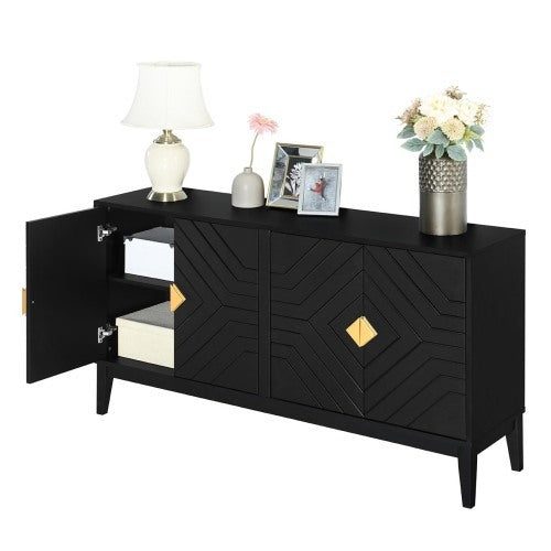US Local 4-door Sideboard Storage Cabinet For Living And Dining Room, Two Large Cabinets With Gold Handle And Adjustable Shelves, Black