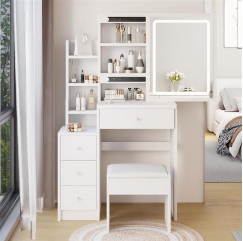 US Local Small Size Left Bedside Table, Dressing Table With Soft Cushion Stool, Oversized Touch Sliding LED Mirror, Tri Color Switching, Adjustable Brightness, Suitable For Girls Up To 5.6 Feet Tall