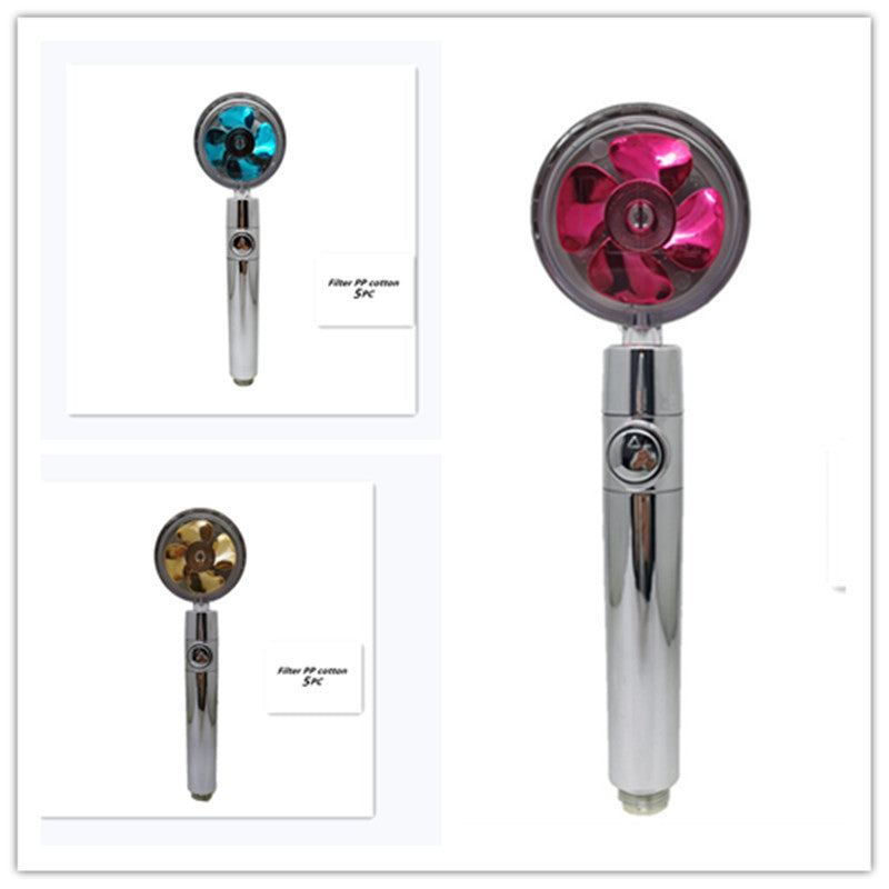 US Local Propeller Driven Shower Head With Stop Button And Cotton Filter Turbocharged High Pressure Handheld Shower Nozzle