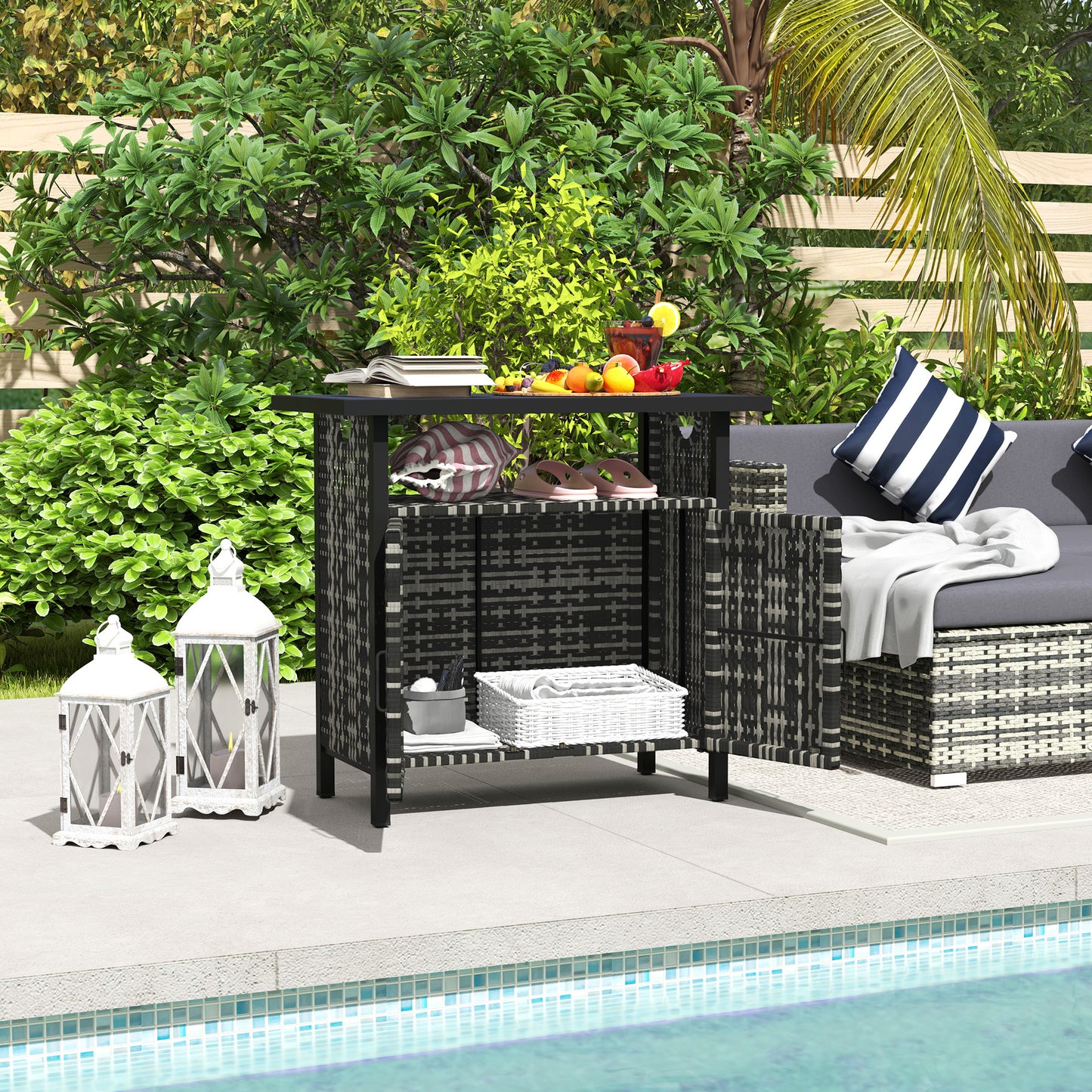 Outdoor Pool Towel Storage Cabinet Organizer, Outdoor Bar Table With Shelf And Cabinet, Pool Towel Holder Pool Valet With Weather-Resistant PE Rattan And Steel Frame, Mixed-Gray